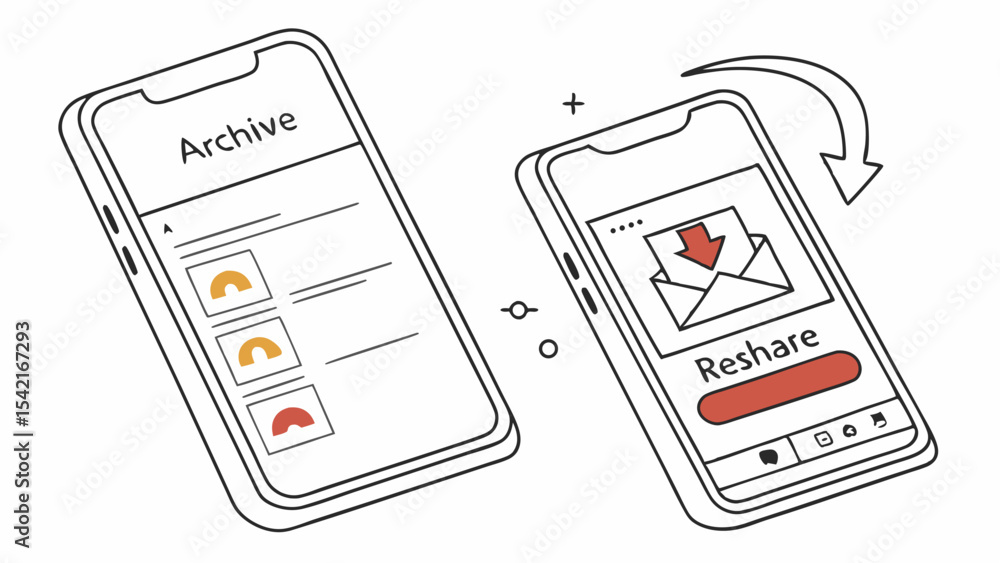 Aufkleber two smartphones showing archive and reshare functions with a curved arrow indicating transfer