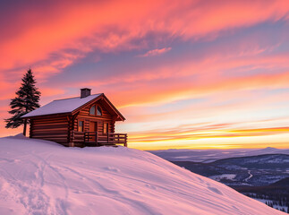 Tranquil winter scene of a cozy log cabin at sunset with orange and pink skies