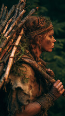A Viking woman carrying firewood for the bonfire