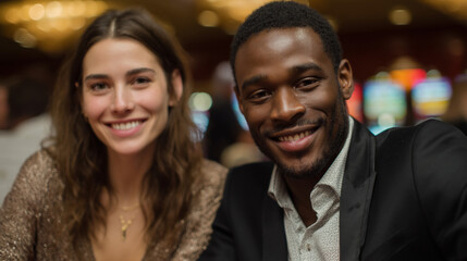 Fototapeta premium A couple sits at a casino table smiling.