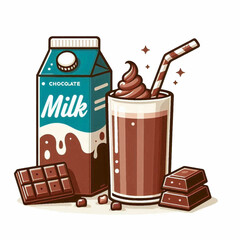 Chocolate milk box glass with chocolate swirl straw chocolate bars and candies in a stylized cartoon illustration