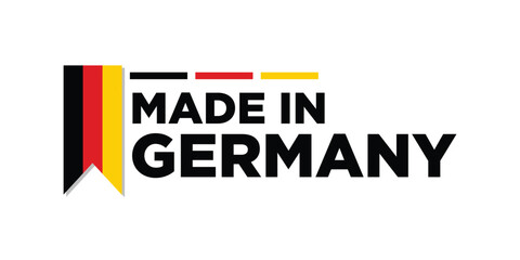 Made in Germany badge design. Label with German flag ribbon. The mark of the manufacture country. Emblem for product.
