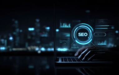 Person using laptop with SEO interface overlay, cityscape background