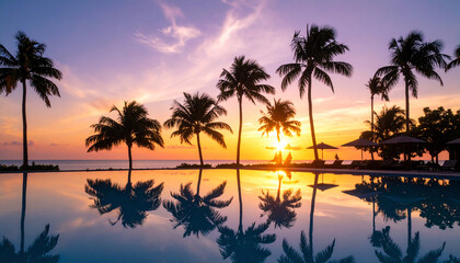 Obraz premium A serene sunset over a tranquil pool, framed by silhouetted palm trees, reflecting vibrant hues of orange, pink, and purple in the water
