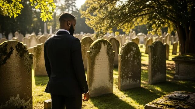 Man in suit standing in cemetery reflecting on gravestones  