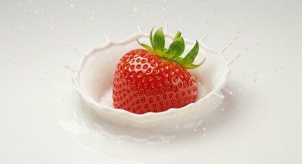 A vibrant strawberry rests in a pool of creamy milk, creating a refreshing splash effect. The playful droplets add to the visual excitement of this delicious moment.