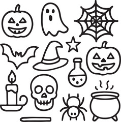 Halloween Icons &ndash; Pumpkin, Ghost, Spider, Web, Witch Hat, Bat, Skull, Cauldron, Candle, Star, Potion Bottle &ndash; Clean Silhouettes for Scary Season Designs