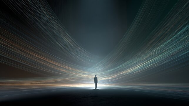 fiber optic light trails converging on human silhouette in calm visionary space