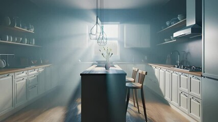 A 3D rendering of a Scandinavian kitchen with white cabinetry, wooden countertops, and minim