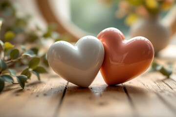 Fototapeta premium Two decorative heart-shaped objects on wooden surface with greenery