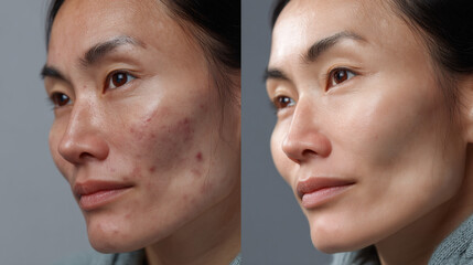 Fototapeta premium Collage of a woman's face before and after acne treatment.