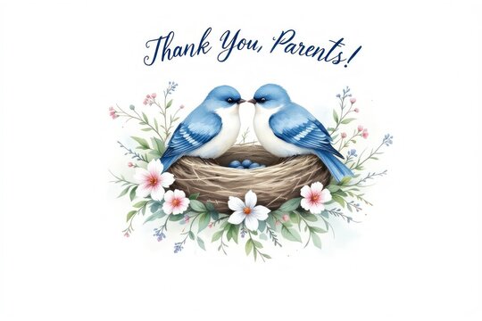 Two bluebirds in a nest with flowers and a thank you message - Powered by Adobe