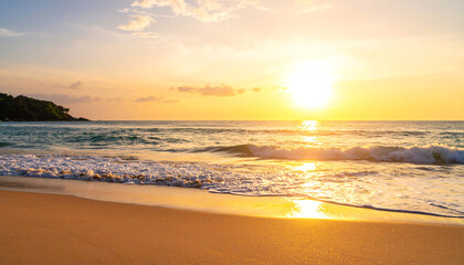 A serene beach scene at sunset, with golden light reflecting on the water and gentle waves lapping at the shore