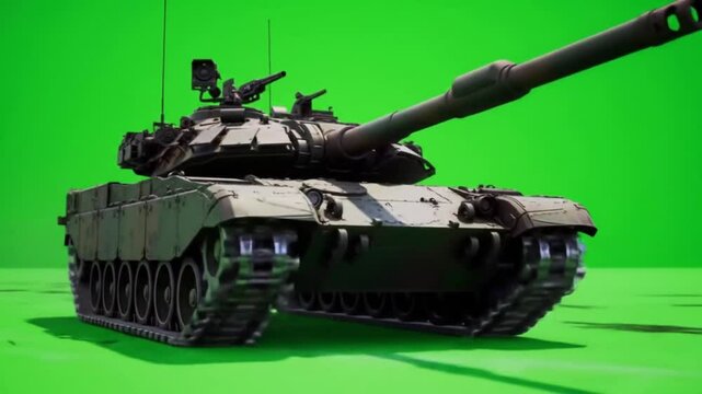 military tank rolls slowly across a green screen background in ultra-high 8K resolution. The armored vehicle is rendered with detail, showcasing rugged treads, rotating turret Green Screen Background
