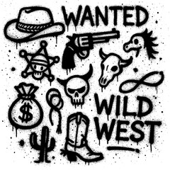 Wild West Spray Paint Symbols – Blood Splatter Effect – Cowboy Icons, Wanted Posters, Revolvers, and Horseshoe Art – PNG Transparent