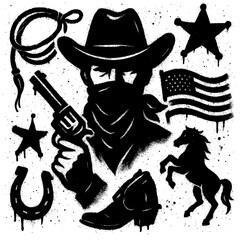 Wild West Spray Paint Symbols – Blood Splatter Effect – Cowboy Icons, Wanted Posters, Revolvers, and Horseshoe Art – PNG Transparent