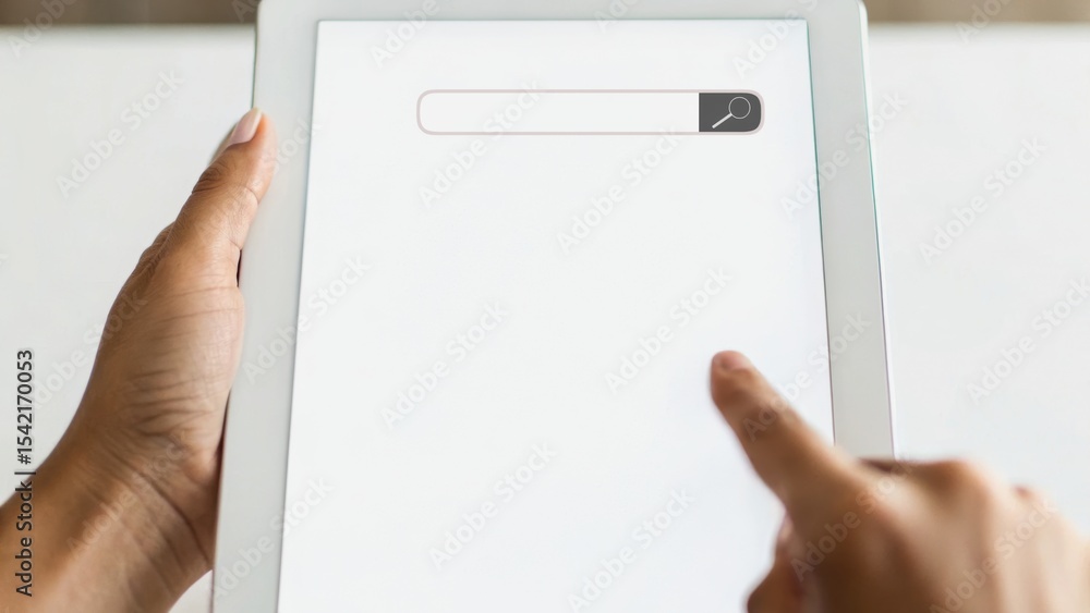 Poster a person points at a blank search bar on a tablet, indicating a focus on digital interaction or onli