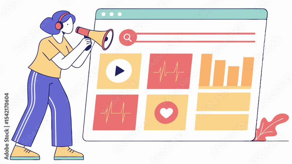 Poster woman with headphones using megaphone next to a website interface with various content blocks shown