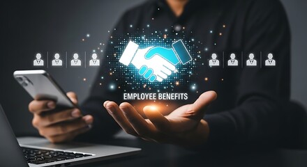 Employee Benefits and Incentives strategy Concept .Corporate Human Resource Management and Benefits Plan ,Corporate Benefits Strategy for Workforce Engagement ,employee benefits and handshake icon.