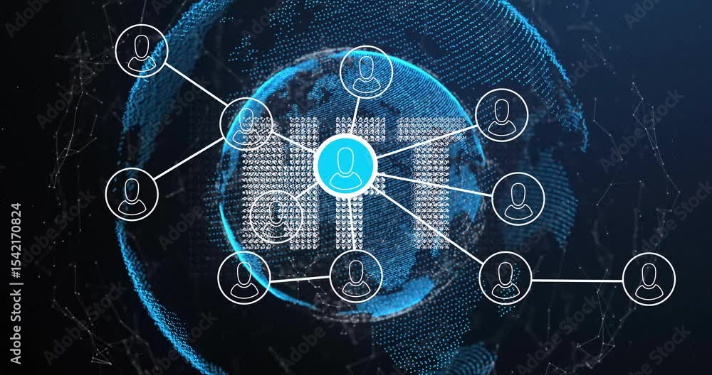 Poster Opening data sphere node linking calls morphing into users forming DIGITAL showing network merging