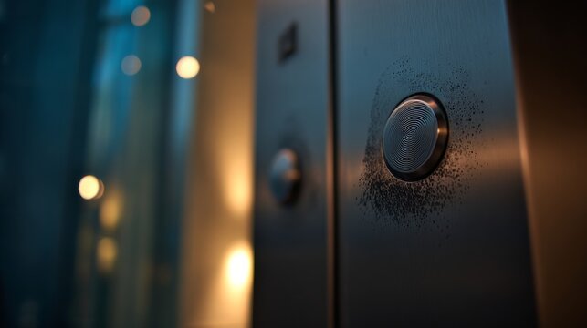 Close-up of a metallic surface with a circular fingerprint scanner featuring concentric patterns, brushed metal panel, small round button, warm bokeh lights, and modern high-tech ambiance.
