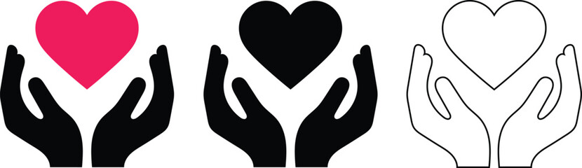 Symbolic illustration of hands cuping a heart in three different vector color styles