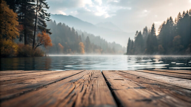 Serene Lake Morning: A wooden dock extends over a calm lake as morning mist gently rises, creating a tranquil and idyllic landscape, trees and mountains form a picturesque backdrop.