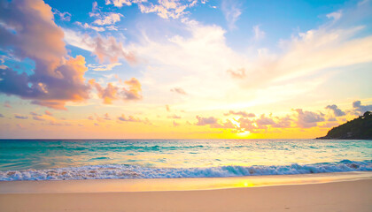 Obraz premium Vibrant sunset over a serene beach, with gentle waves lapping at the shore and colorful clouds reflecting the warm hues of the sky