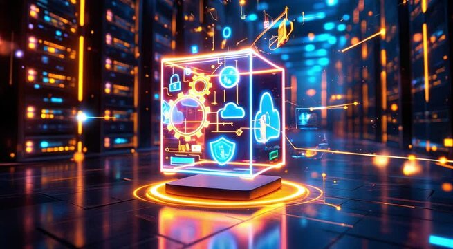A glowing holographic cube displaying cybersecurity icons and cloud technology, set in a futuristic data center&mdash;symbolizing advanced digital infrastructure, data protection, and tech innovation in ult