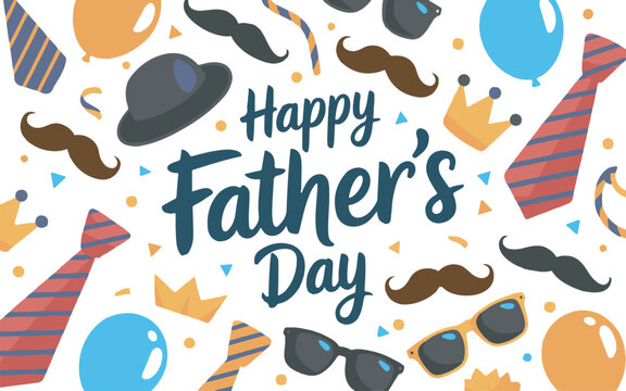 Happy Fathers Day greeting card design featuring colorful ties mustaches sunglasses crowns balloons and confetti