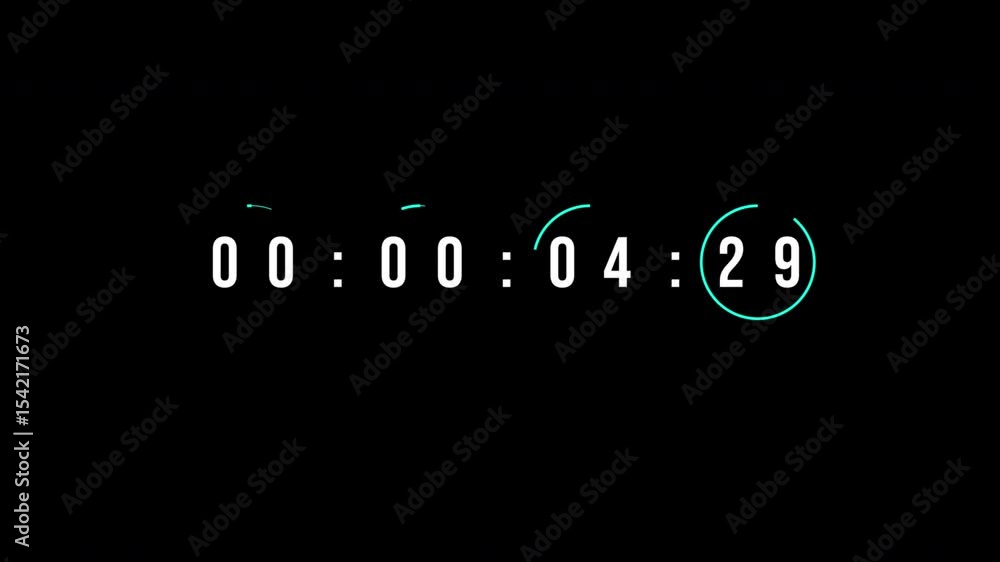 Poster animated countdown timer with neon accents on black background at four seconds