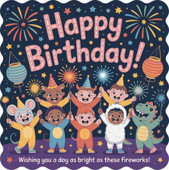 Cheerful Happy Birthday Card Featuring Adorable Children in Animal Costumes Celebrating with Fireworks and Lanterns on a Starry Night
