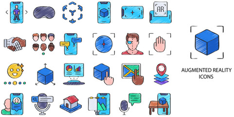 Augmented Reality simple concept 24 hand drawn color icons set .Vector illustration.	