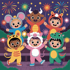 Whimsical Celebration Children in Animal Costumes Celebrating with Sparklers amidst a Festive Fireworks Display Joyful and Playful

