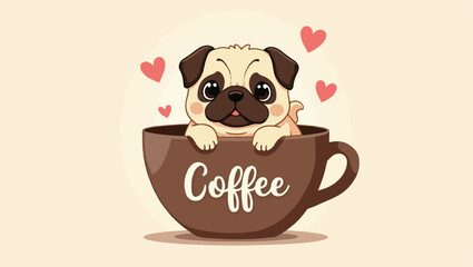 Adorable Pug Puppy in a Coffee Cup Sweet and Heartwarming Digital Art Illustration with a Playful and Lovable Theme
