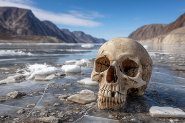 A skull is laying on the ground in front of a body of water