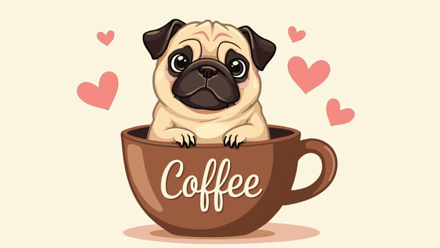 Adorable Pug Illustration A Cute Dog in a Coffee Cup Surrounded by Hearts A Sweet and Charming Design
 - Powered by Adobe