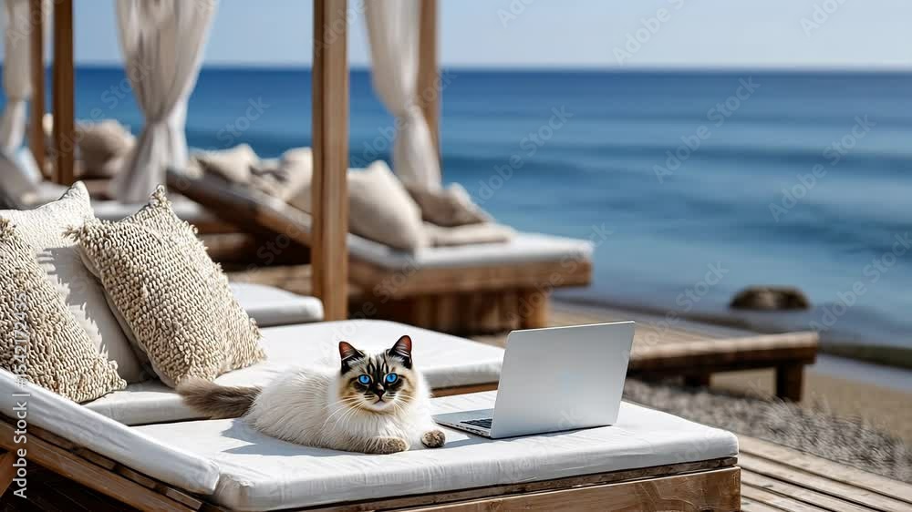 Poster relaxing cat enjoys beachside views while owner works on laptop in serene ocean setting during a sun