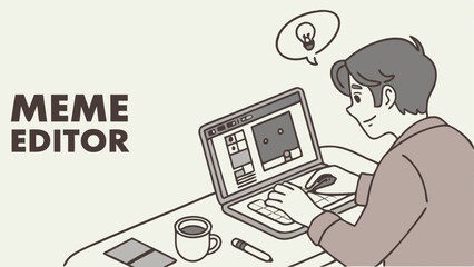 Person creating meme on laptop with lightbulb idea, coffee, pen, and cards on desk, meme editor text