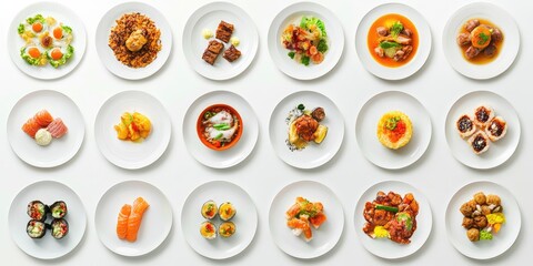 A variety of plated dishes, showcasing diverse cuisines and preparations.  Each dish is presented on a separate white plate, creating a visually appealing array