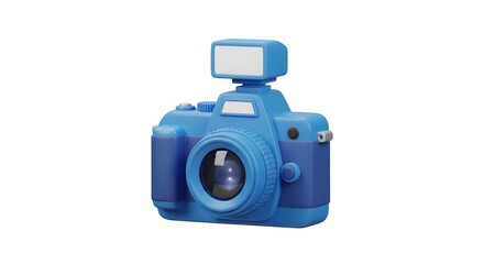 Blue Digital Camera with Flash on White Background - 3D Rendered Photography Equipment Icon