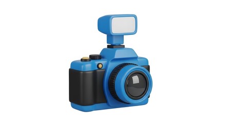 Blue Digital Camera with Flash on White Background - 3D Rendered Photography Equipment Icon