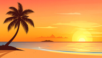 A serene beach scene at sunset, featuring a silhouetted palm tree, calm waters, and vibrant orange sky, evoking relaxation and tranquility