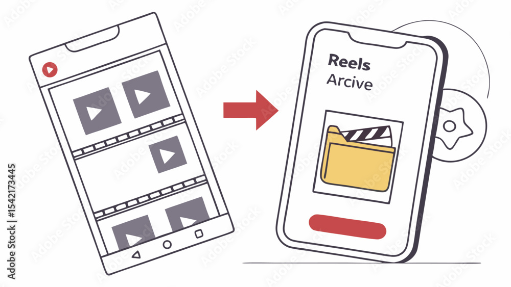 Poster illustration showing reels archive on a smartphone with an arrow pointing from videos to folder