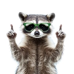 Cute raccoon wearing green eyeglasses raised hands comical wildlife portrait funny animal expression isolated background