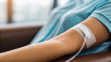 A close-up of a patient's arm with a medical IV line attached, showcasing a healthcare setting.