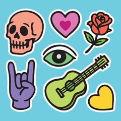 Colorful cartoon line art icons,stickers set. skull, heart, rose, hand signs, eye, guitar

