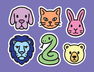 Colorful cartoon line art icons,stickers set. dog,cat,rabbit,lion,snake,bear
