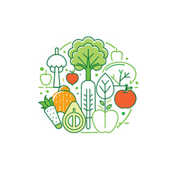 Healthy Vegetables & Fruits Line Art Composition - Nutrition & Diet Circle