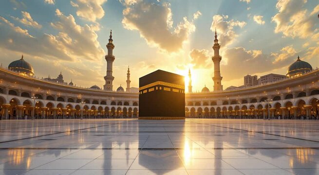 A majestic sunrise over the Holy Kaaba in Makkah, casting golden rays across the courtyard of Masjid al-Haram&mdash;symbolizing peace, faith, and spiritual awakening in stunning ultra-HD clarity.